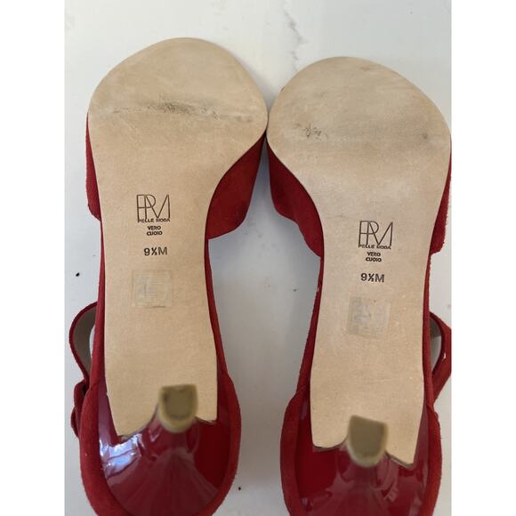 Pelle Moda Red Suede Ankle Buckle 2" Patent Heel Open Toe Size 9.5 Worn Once - Picture 8 of 8